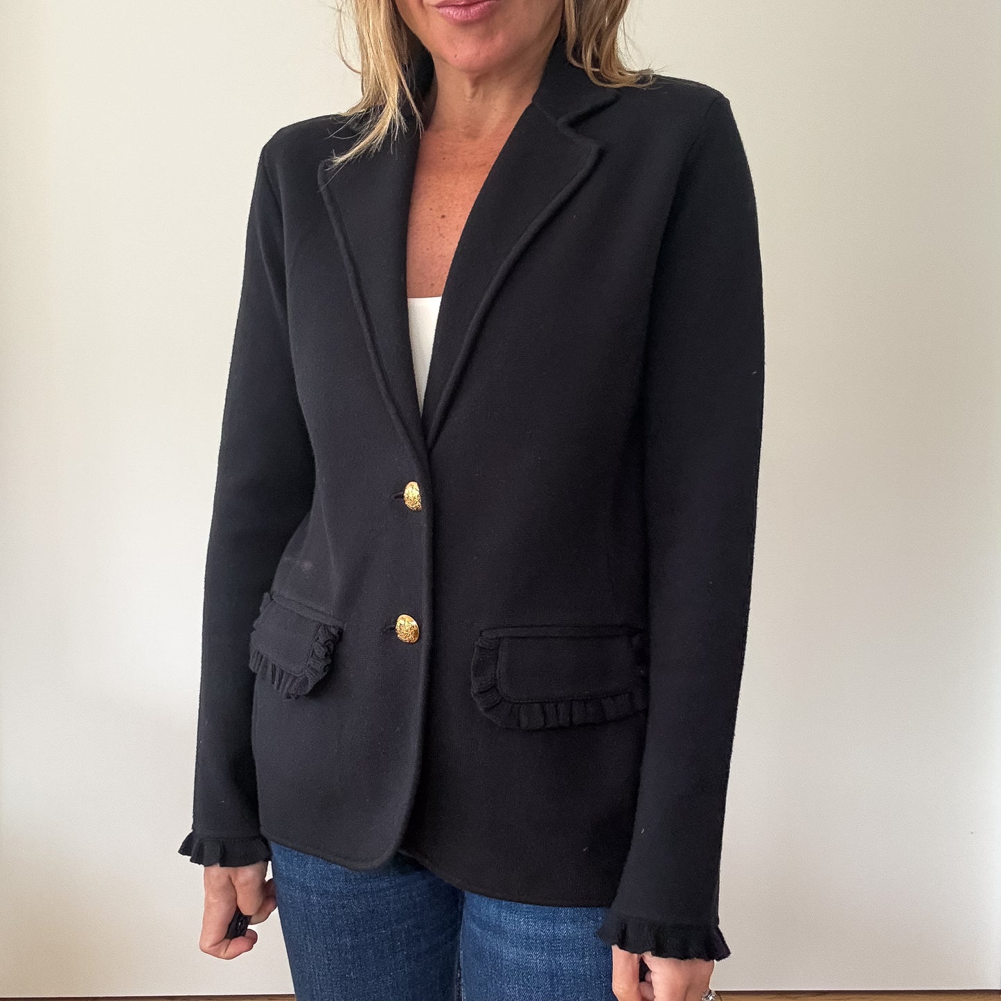 Ralph Lauren Black Ruffle Trim Knit Blazer - Size S