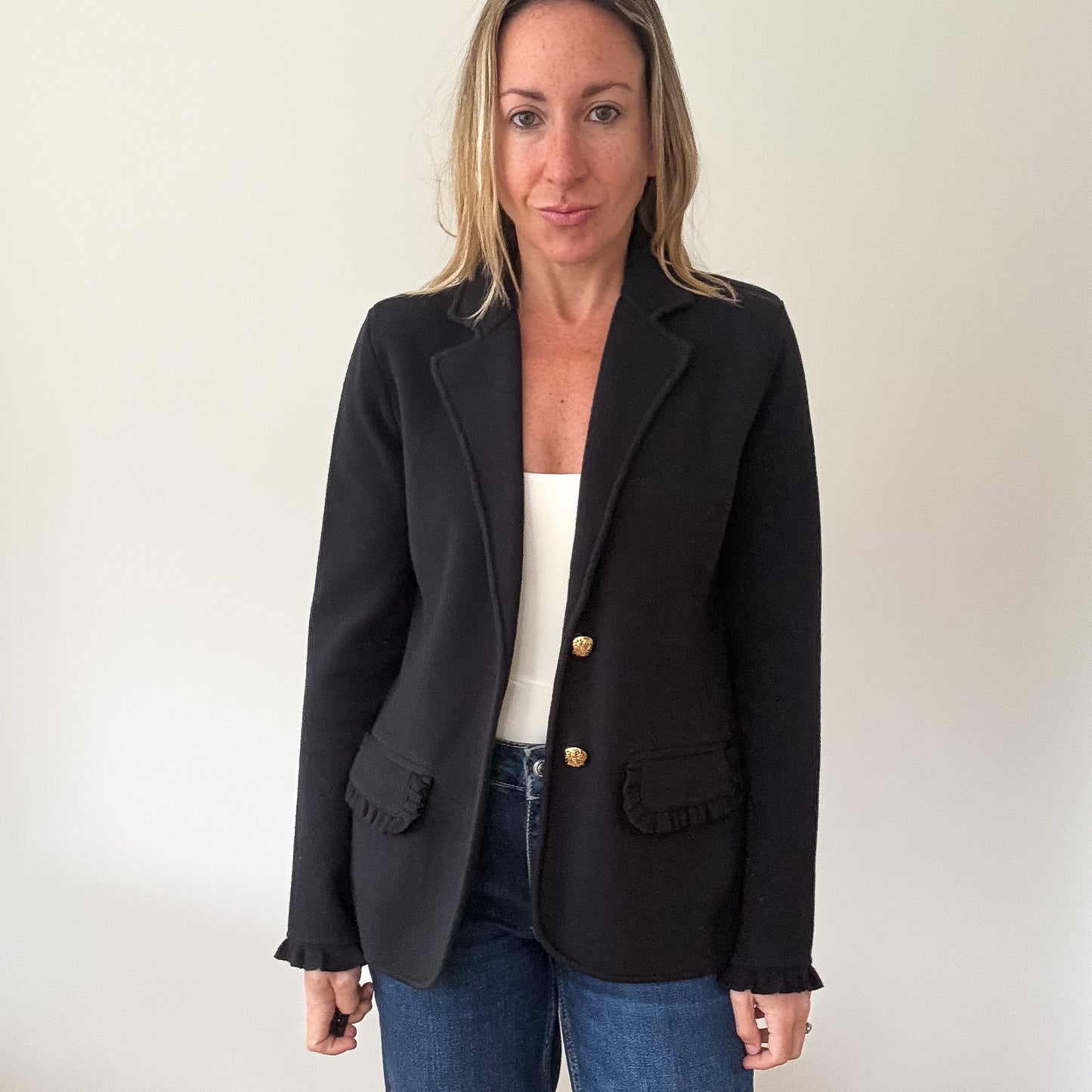 Ralph Lauren Black Ruffle Trim Knit Blazer - Size S