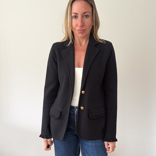 Ralph Lauren Black Ruffle Trim Knit Blazer - Size S