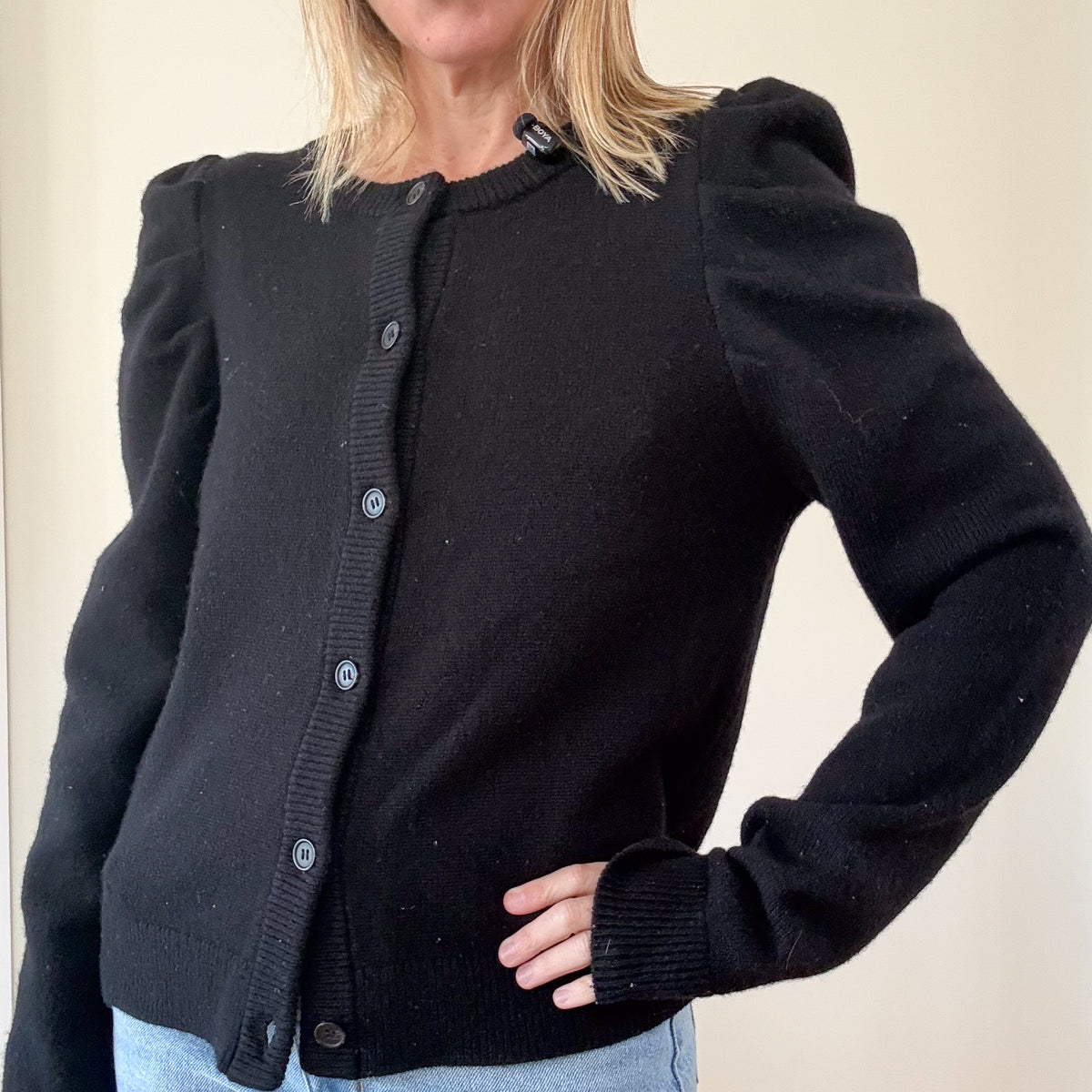 Rebecca Minkoff Janine cardigan worn, front view close-up