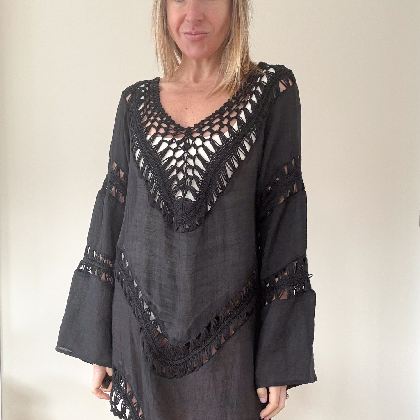 Rino & Pelle Black Crochet Detail Beach Cover-Up - Size XL