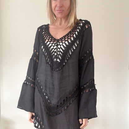 Rino & Pelle Black Crochet Detail Beach Cover-Up - Size XL