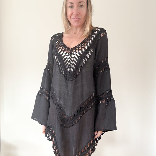 Rino & Pelle Black Crochet Detail Beach Cover-Up - Size XL
