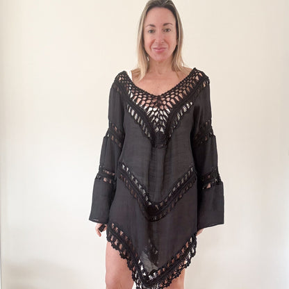 Rino & Pelle Black Crochet Detail Beach Cover-Up - Size XL