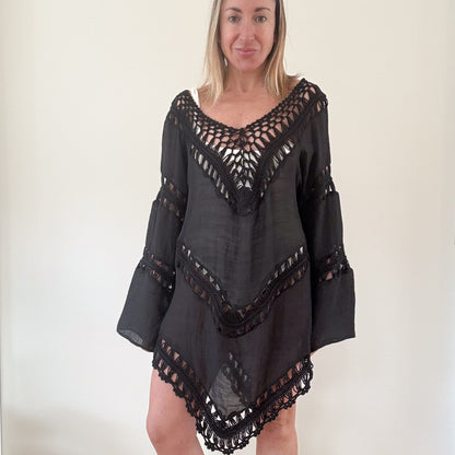 Rino & Pelle Black Crochet Detail Beach Cover-Up - Size XL