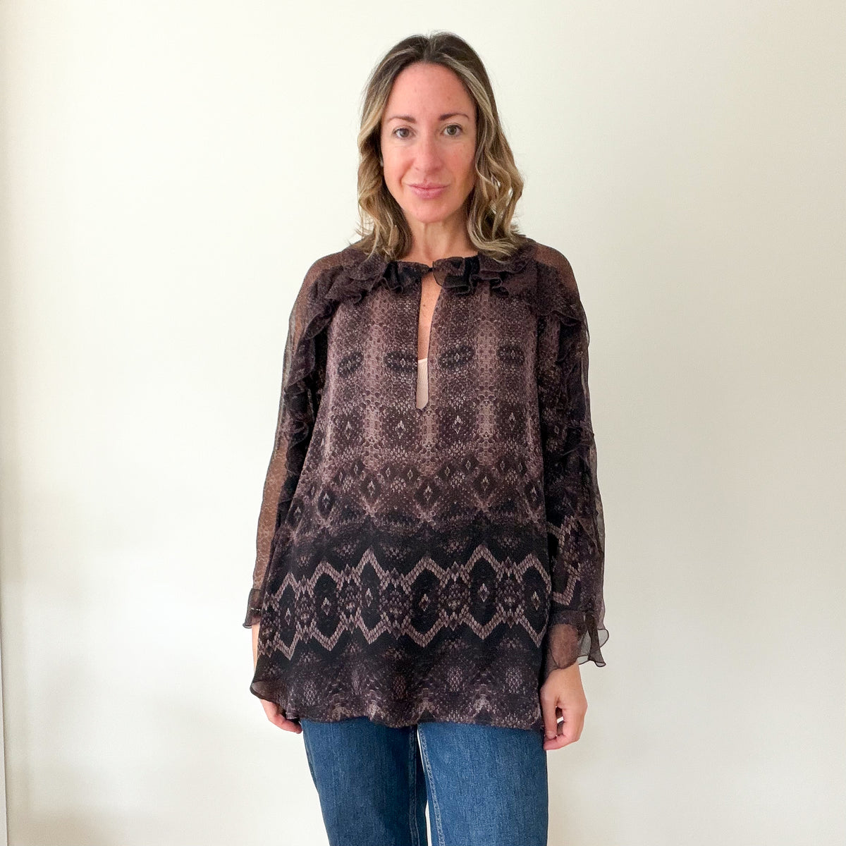 Roberto Cavalli Brown Snake Print Silk Chiffon Blouse (RRP £180) | Authentic Preloved - Size UK 10