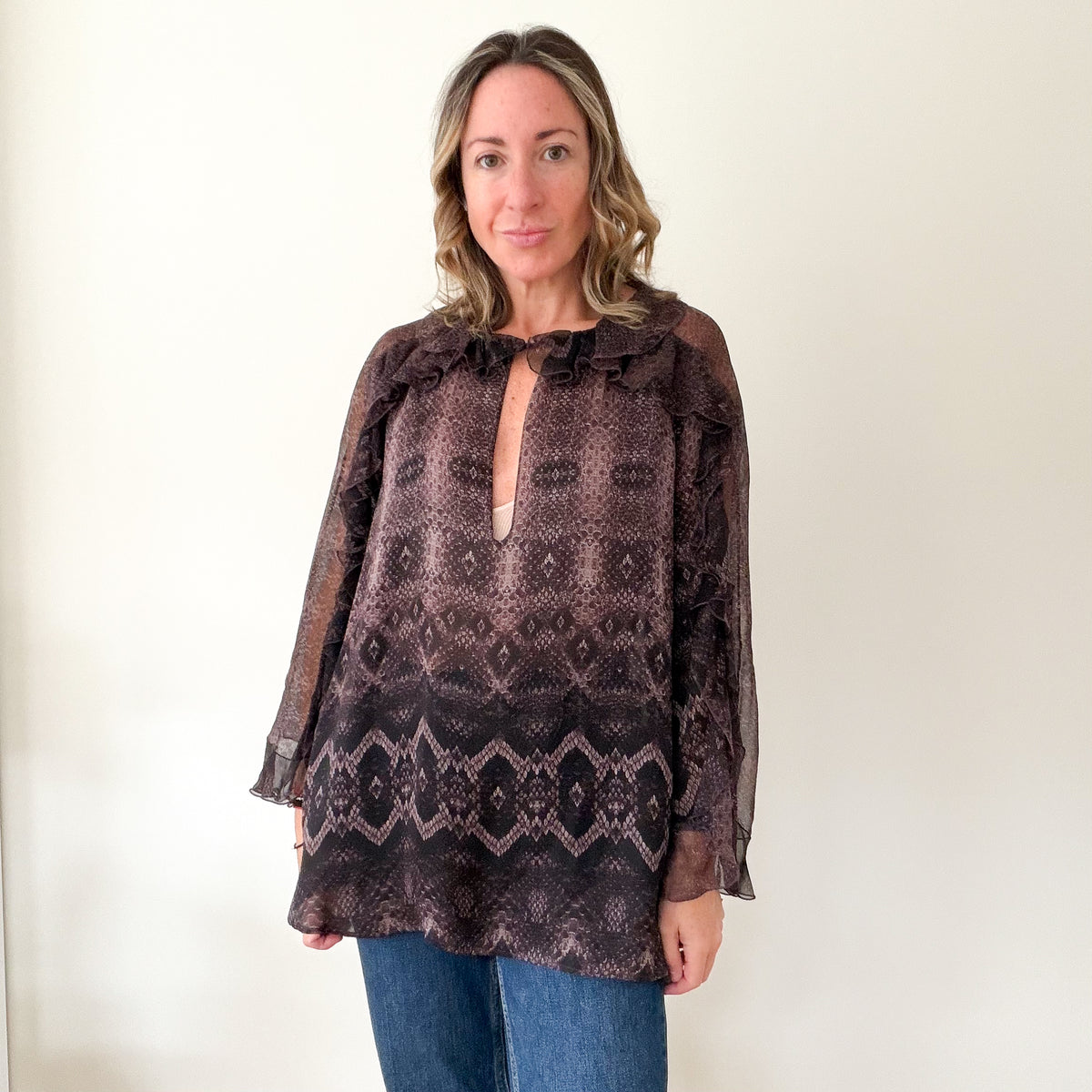 Roberto Cavalli Brown Snake Print Silk Chiffon Blouse (RRP £180) | Authentic Preloved - Size UK 10