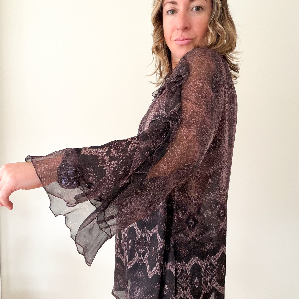 Roberto Cavalli Brown Snake Print Silk Chiffon Blouse (RRP £180) | Authentic Preloved - Size UK 10