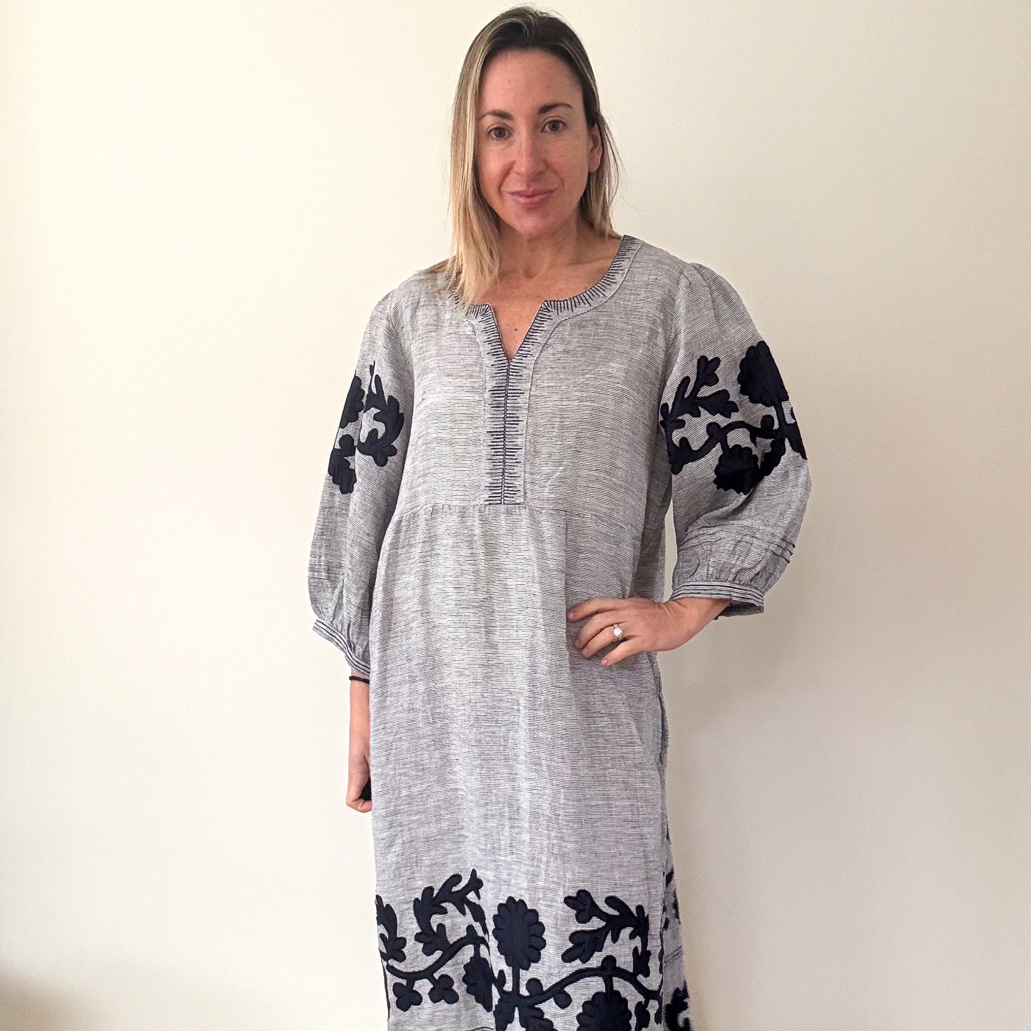 Rose and Rose Kerr Trellis Linen Beach Kaftan Dress- Size L