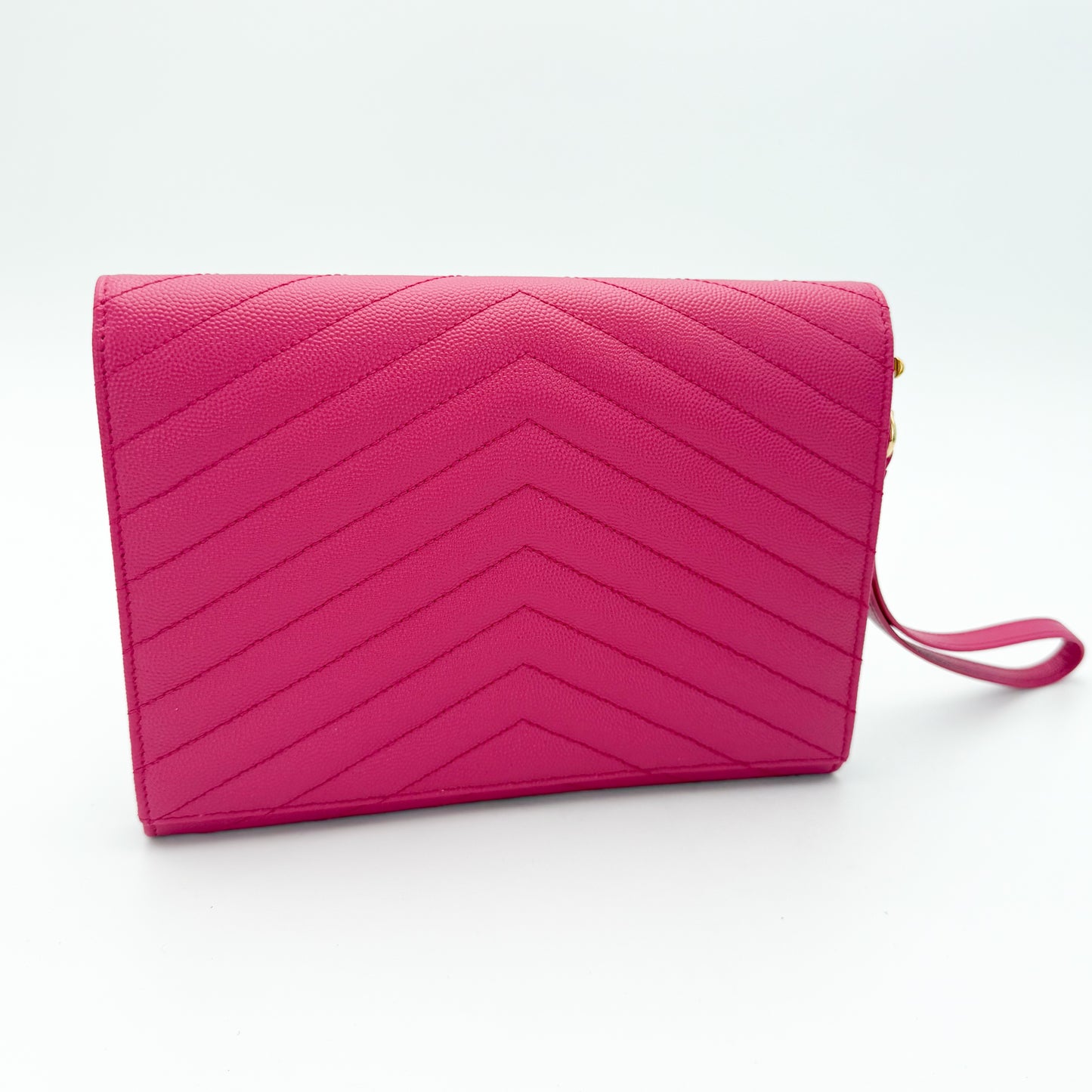 Preloved Saint Laurent Cassandre flap pouch Fuxia Couture pink grain de poudre leather back view