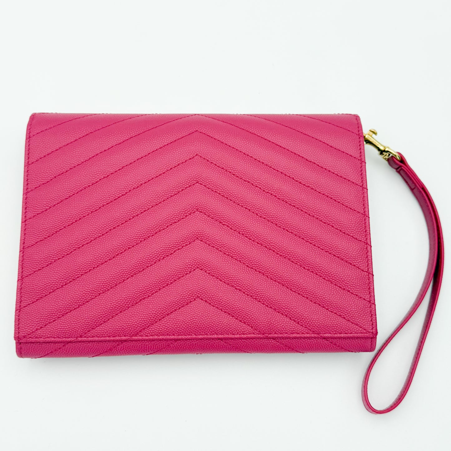 Secondhand Saint Laurent Cassandre flap pouch Fuxia Couture pink grain de poudre leather