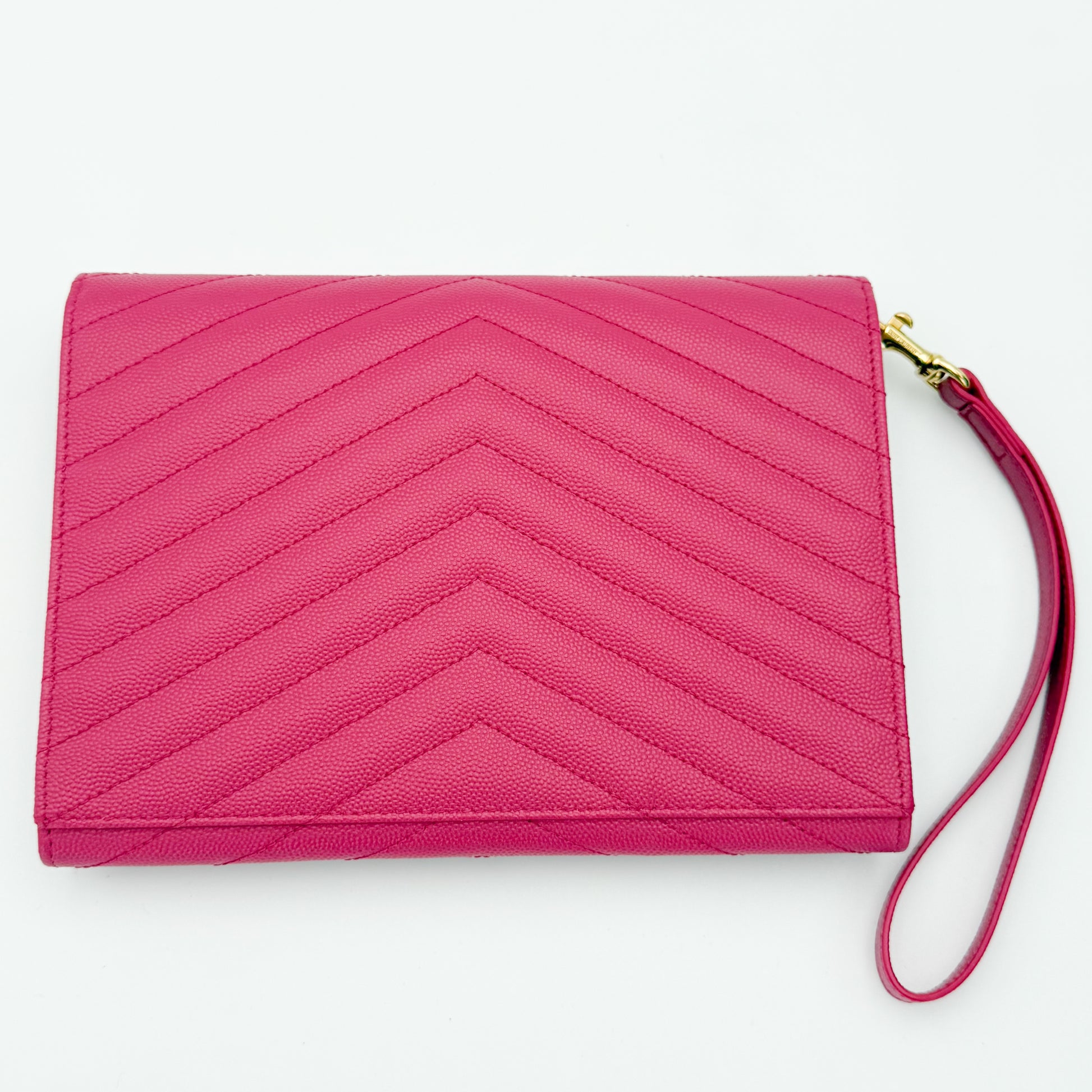 Secondhand Saint Laurent Cassandre flap pouch Fuxia Couture pink grain de poudre leather