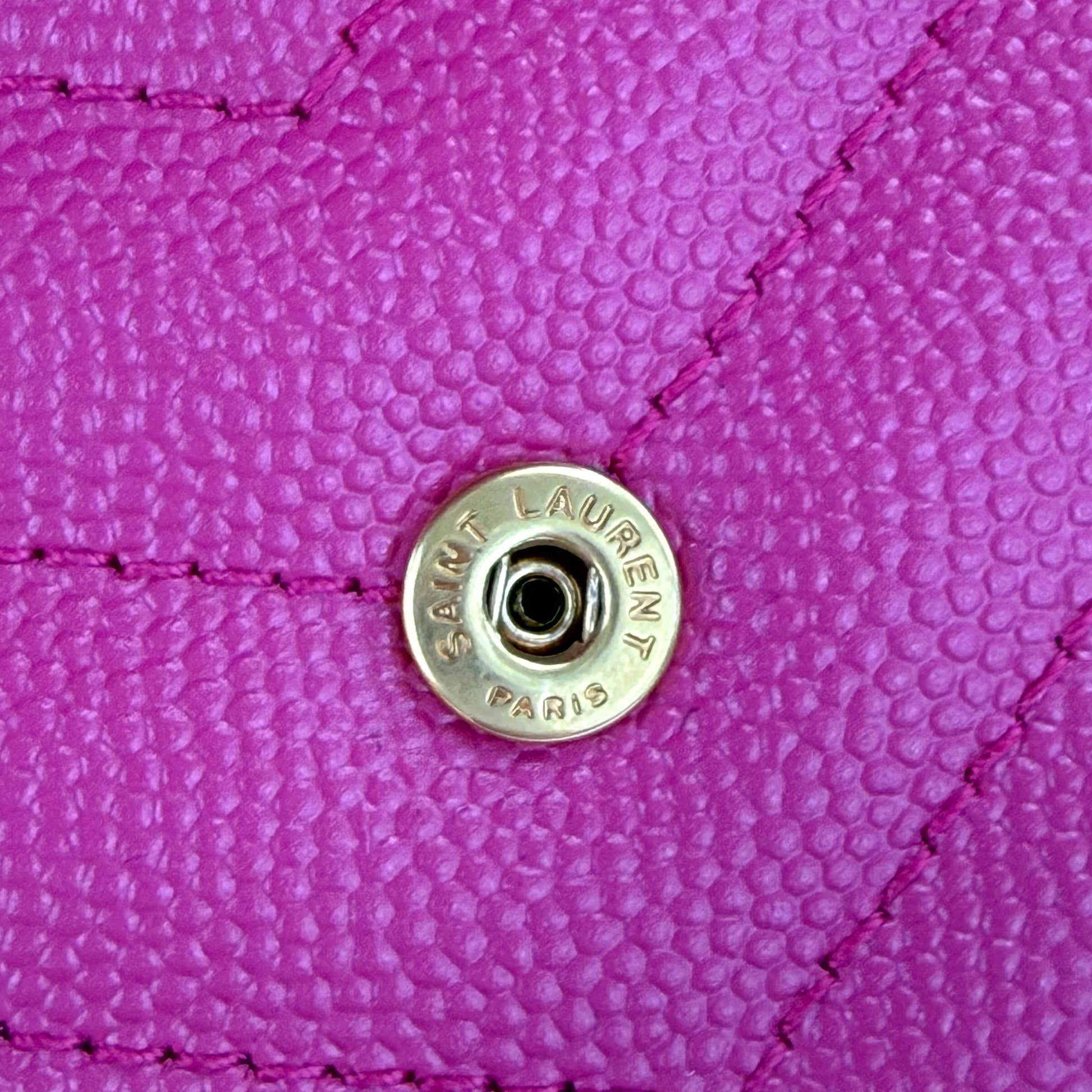 Second hand Saint Laurent Cassandre flap pouch Fuxia Couture pink press stud Saint Laurent Paris detail
