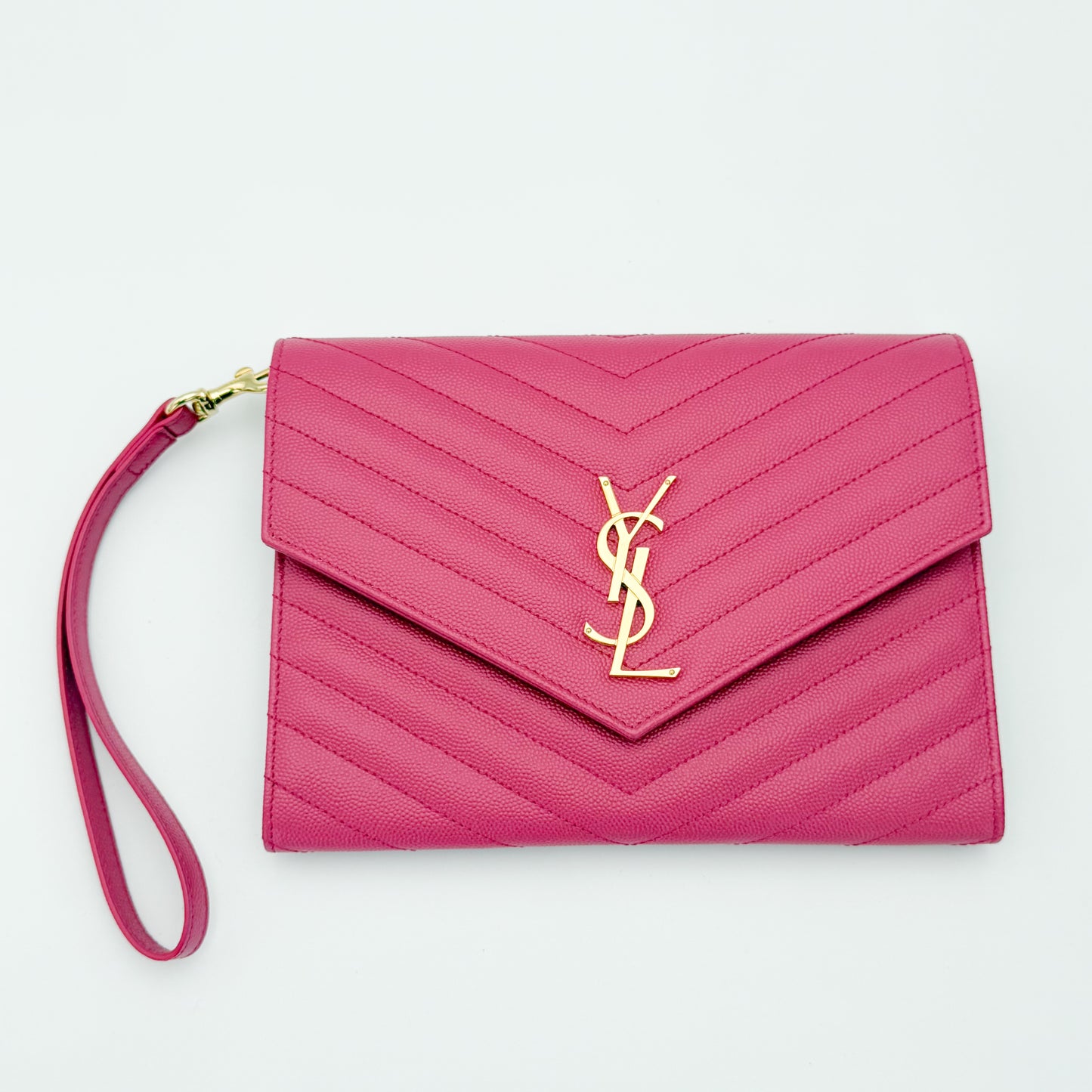 Secondhand Saint Laurent Cassandre flap pouch Fuxia Couture pink grain de poudre leather