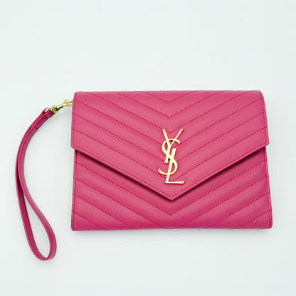Secondhand Saint Laurent Cassandre flap pouch Fuxia Couture pink grain de poudre leather
