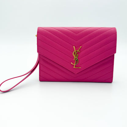 Preloved Saint Laurent Cassandre flap pouch Fuxia Couture pink grain de poudre leather front view