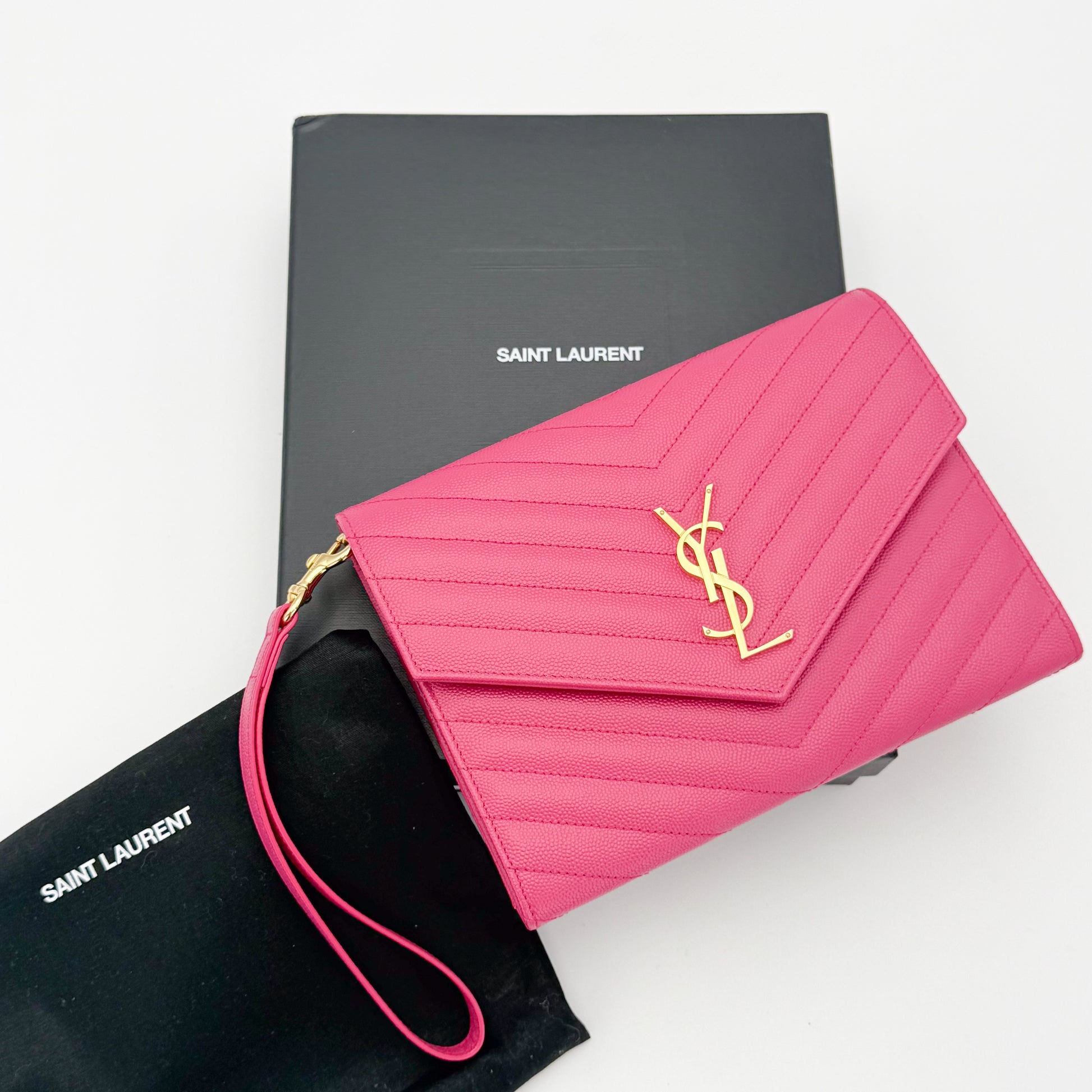 Preloved Saint Laurent Cassandre flap pouch Fuxia Couture pink grain de poudre leather with box and dust bag full set