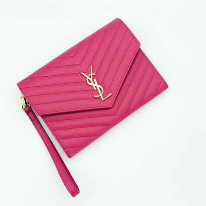 Used Saint Laurent Cassandre flap pouch Fuxia Couture pink gold YSL monogram front flat view