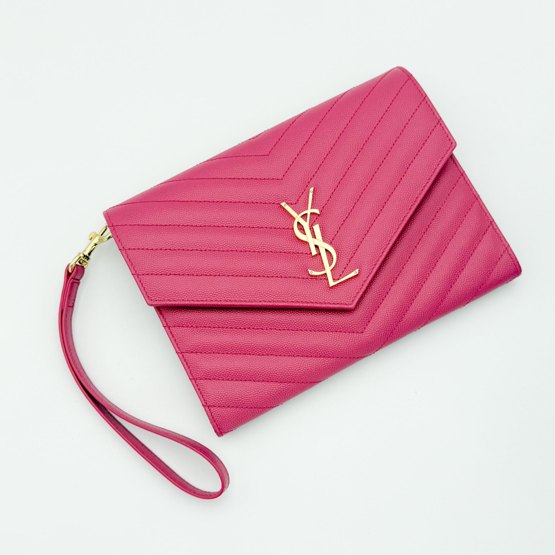 Preloved Saint Laurent Cassandre flap pouch Fuxia Couture pink grain de poudre leather with Ariel view