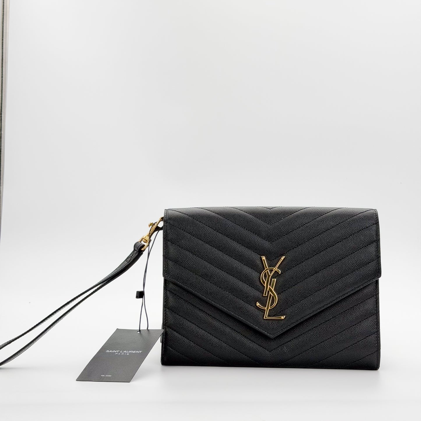 Saint Laurent Cassandre Matelassé Flap Pouch – embossed grain de poudre leather front