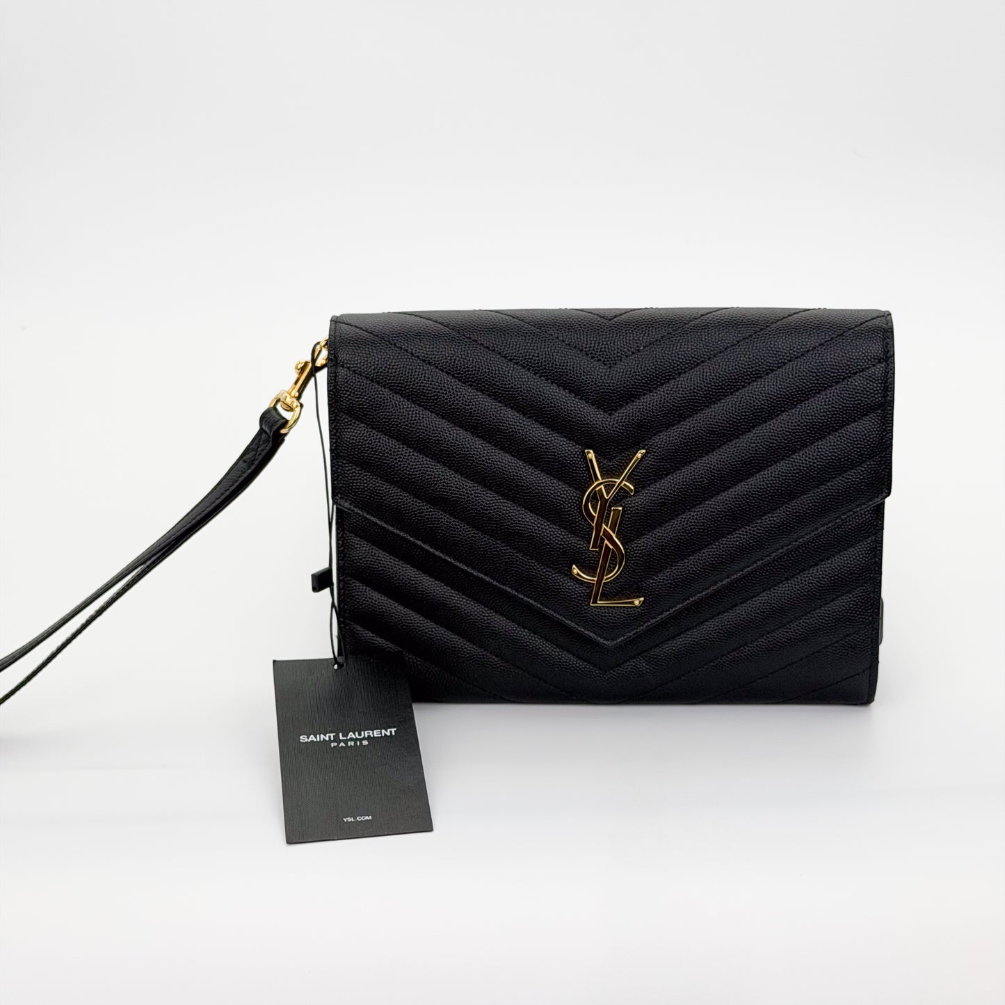 Saint Laurent Cassandre Matelassé Flap Pouch – front view with retail box and tag