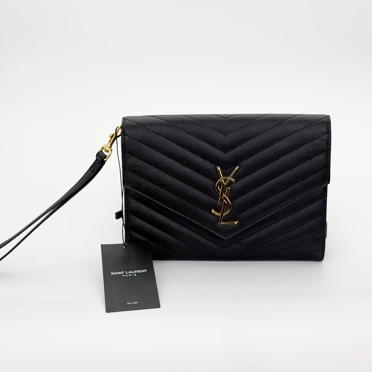 Saint Laurent Cassandre Matelassé Flap Pouch – front view with retail box and tag