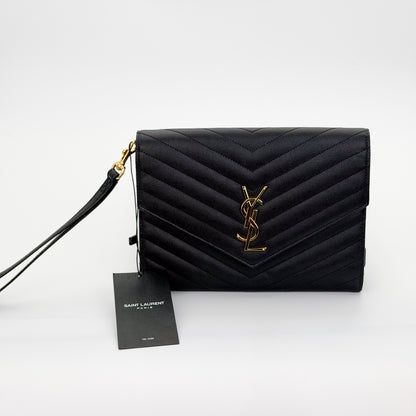 Saint Laurent Cassandre Matelassé Flap Pouch – front view with retail box and tag