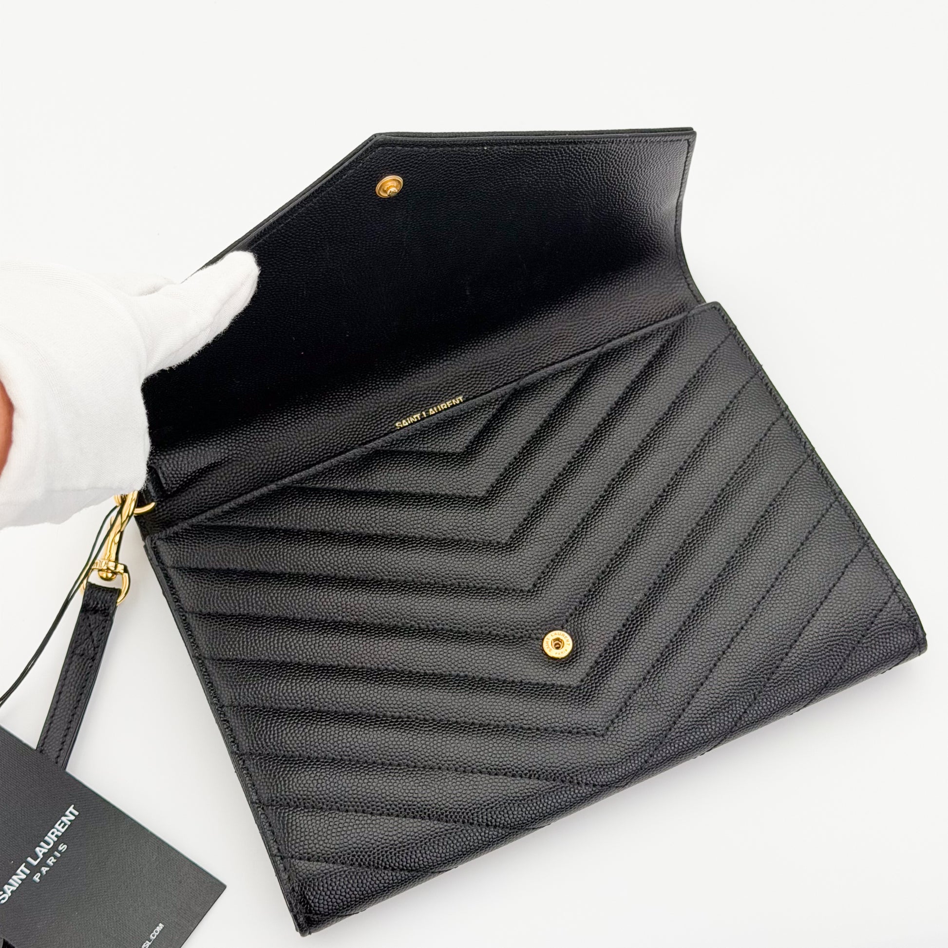 Saint Laurent Cassandre Matelassé Flap Pouch – interior compartment close-up