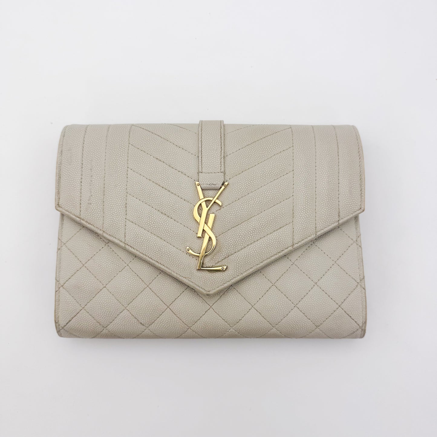 Saint Laurent Envelope Quilted Clutch in Off-White Grained Calfskin