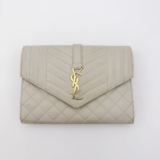 Saint Laurent Envelope Quilted Clutch in Off-White Grained Calfskin
