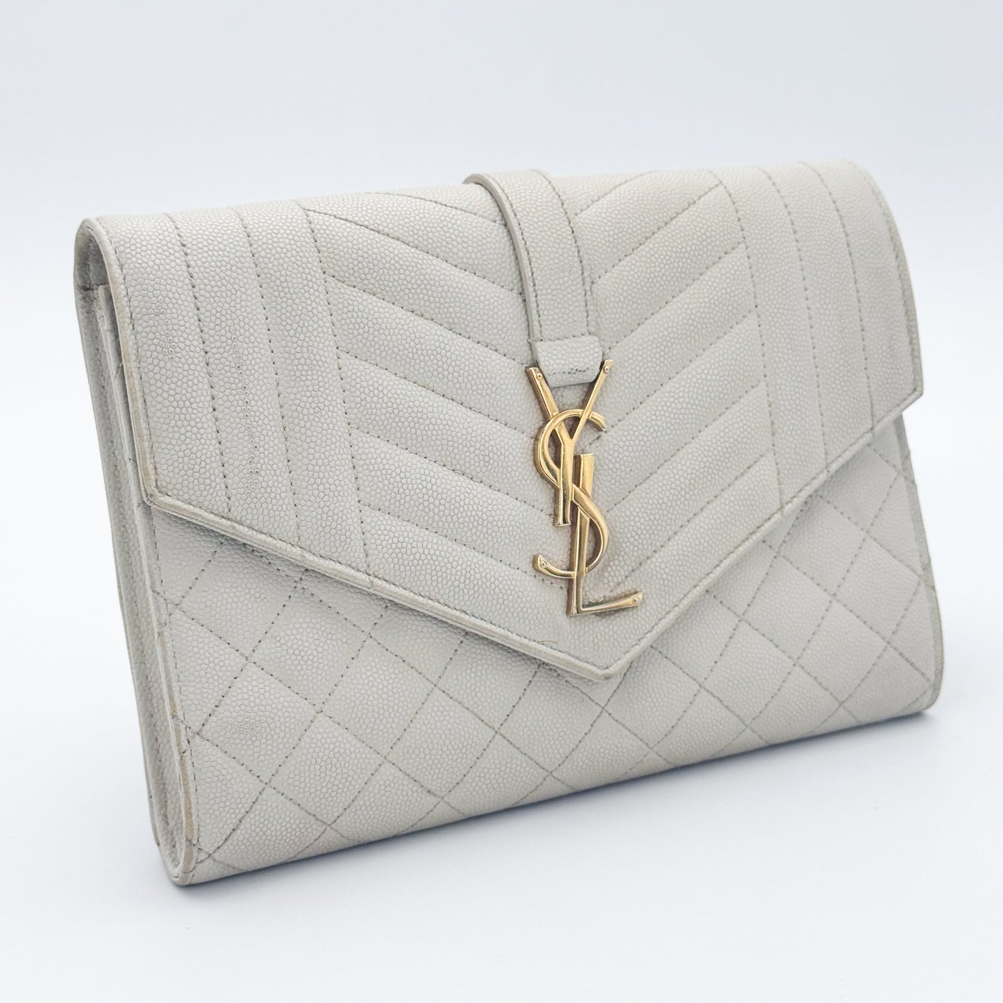Saint Laurent Envelope Quilted Clutch in Off-White Grained Calfskin
