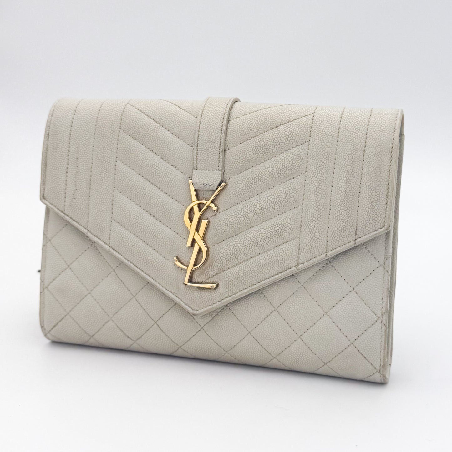 Saint Laurent Envelope Quilted Clutch in Off-White Grained Calfskin