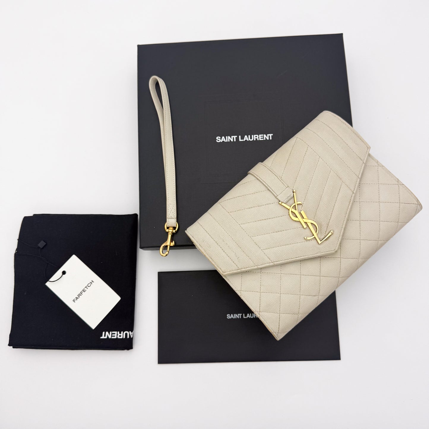 Saint Laurent Envelope Quilted Clutch in Off-White Grained Calfskin