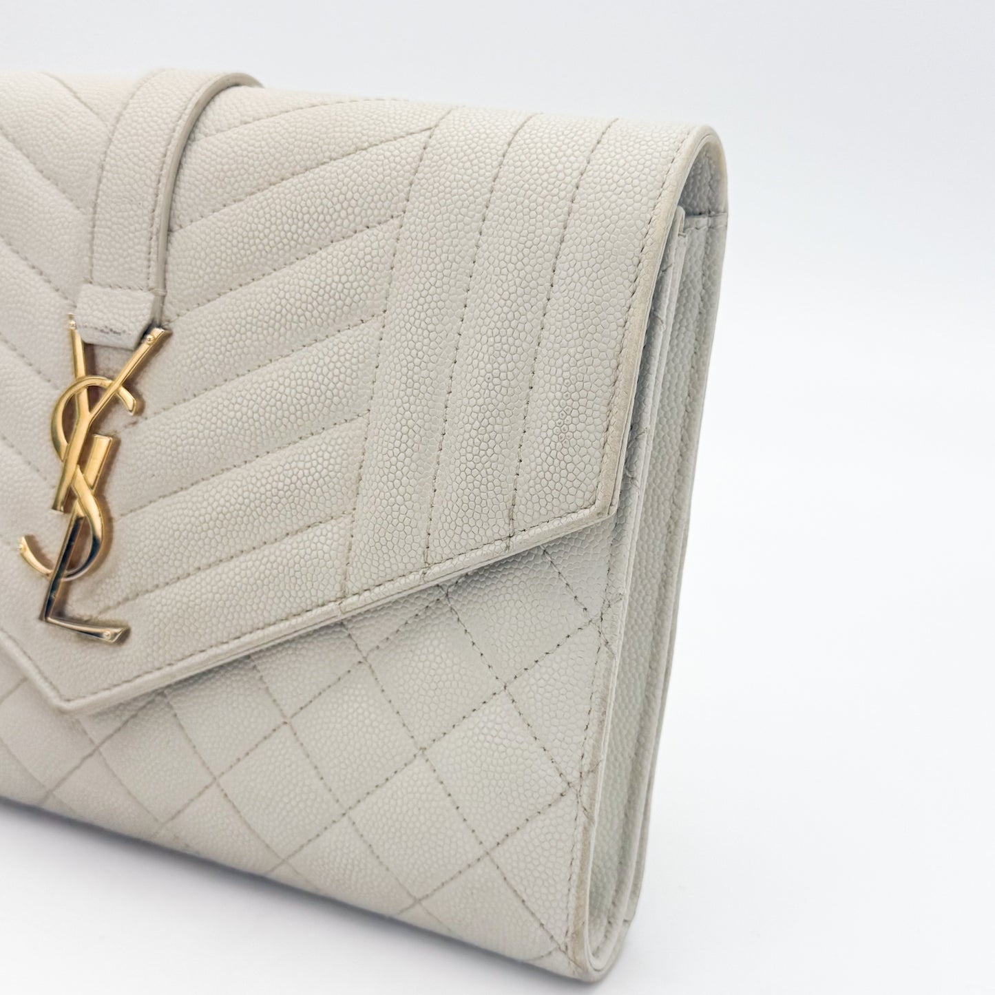 Saint Laurent Envelope Quilted Clutch in Off-White Grained Calfskin