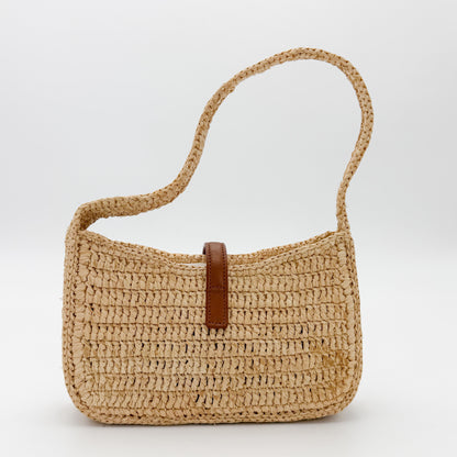 Preloved Saint Laurent mini hobo bag back view with crochet strap and tan leather trim.