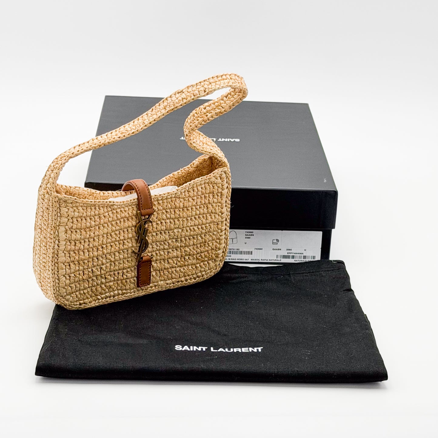 Preloved Saint Laurent raffia hobo bag with original box and black dust bag
