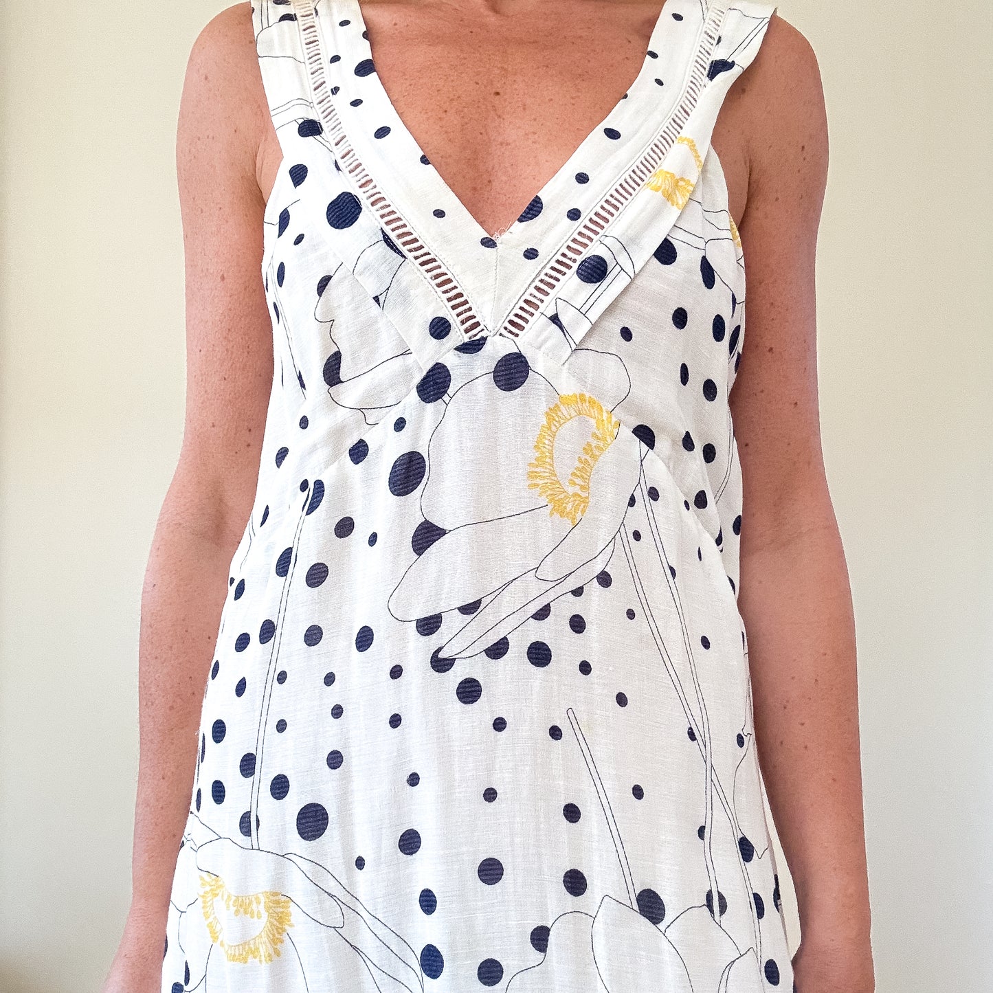 See By Chloé White Floral & Polka Dot Linen Blend Maxi Dress - Size 8