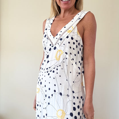 See By Chloé White Floral & Polka Dot Linen Blend Maxi Dress - Size 8