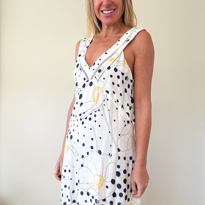 See By Chloé White Floral & Polka Dot Linen Blend Maxi Dress - Size 8