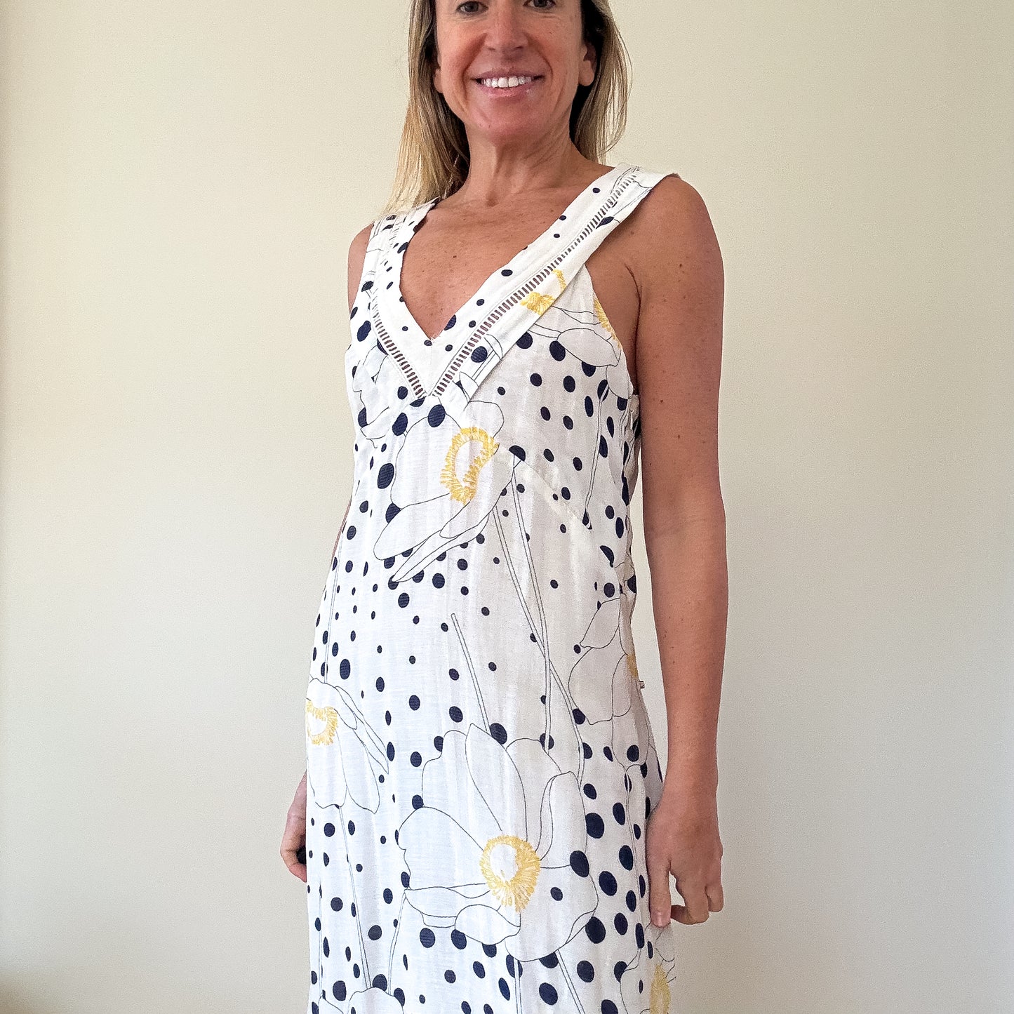 See By Chloé White Floral & Polka Dot Linen Blend Maxi Dress - Size 8