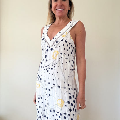See By Chloé White Floral & Polka Dot Linen Blend Maxi Dress - Size 8