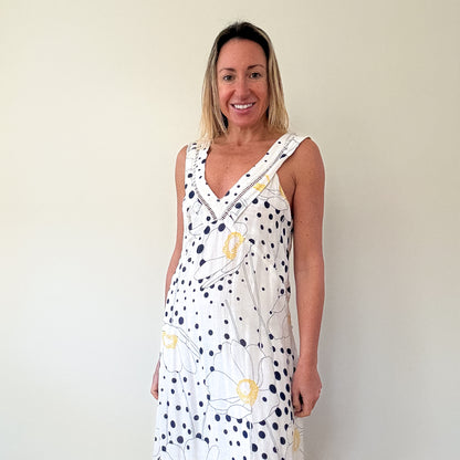 See By Chloé White Floral & Polka Dot Linen Blend Maxi Dress - Size 8