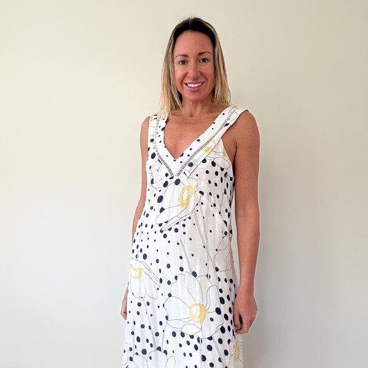 See By Chloé White Floral & Polka Dot Linen Blend Maxi Dress - Size 8