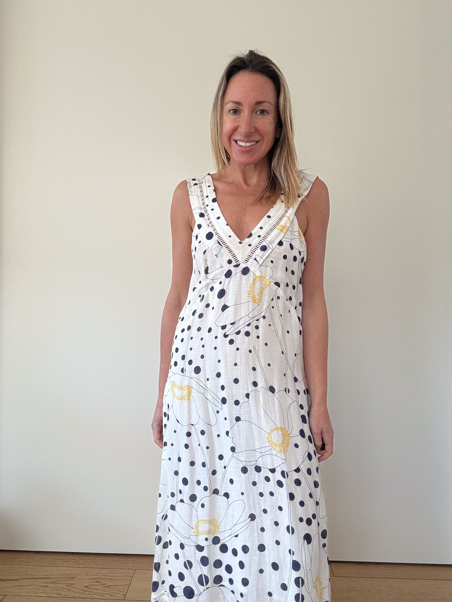 See By Chloé White Floral & Polka Dot Linen Blend Maxi Dress - Size 8