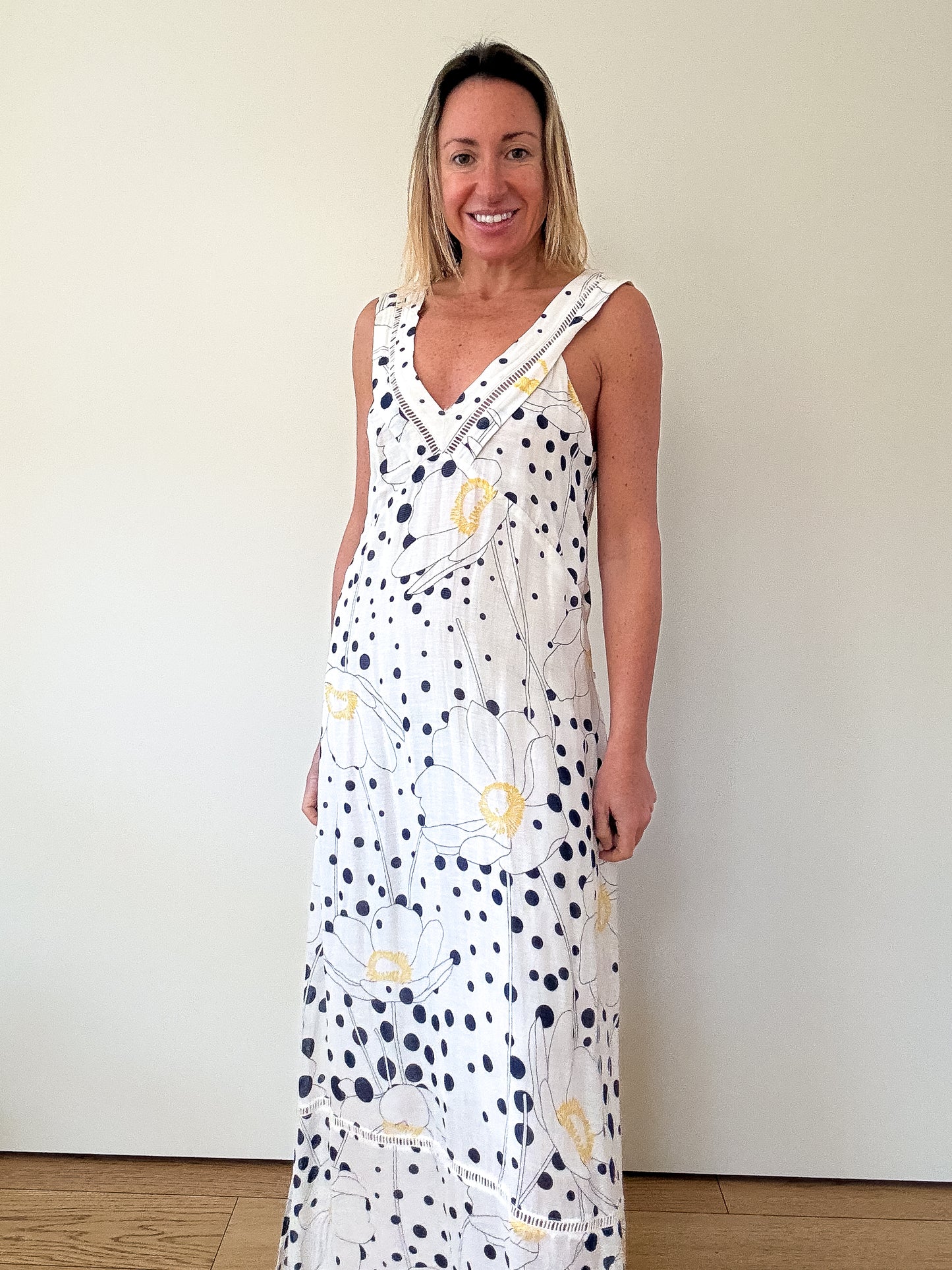 See By Chloé White Floral & Polka Dot Linen Blend Maxi Dress - Size 8