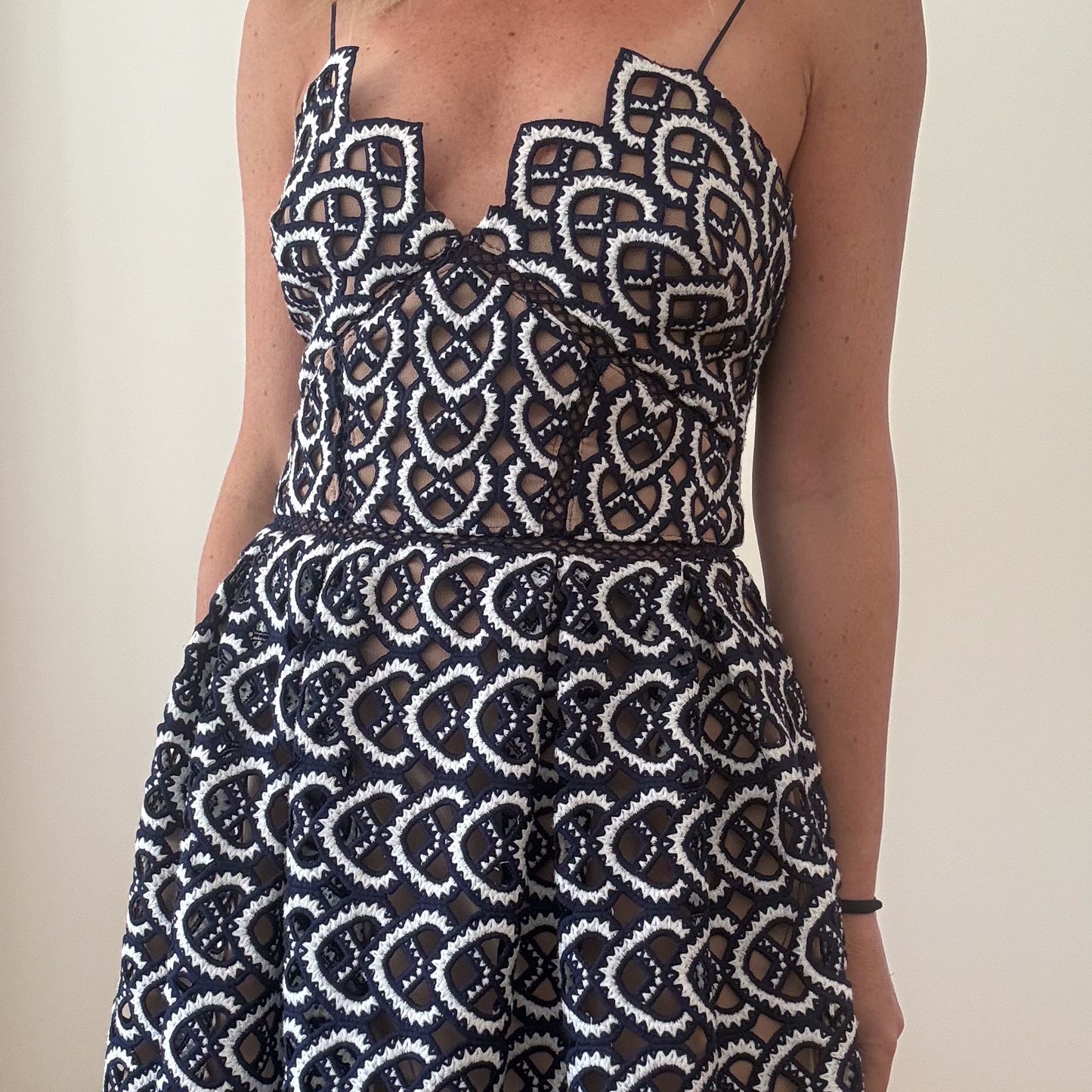 Self Portrait Navy & White Azalea Lace Dress - Size 8