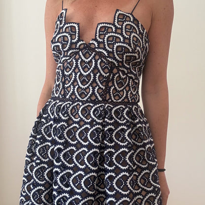 Self Portrait Navy & White Azalea Lace Dress - Size 8