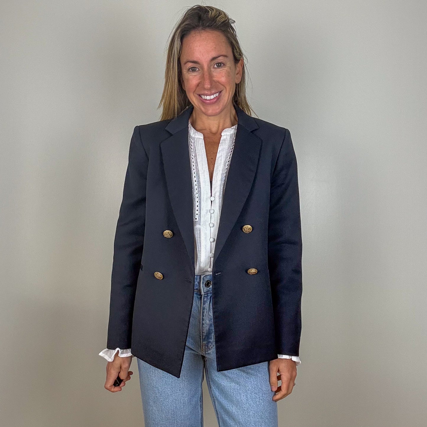 Tara Jarmon Navy Double-Breasted Blazer - Size 10