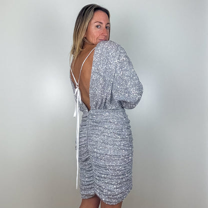 The Attico Silver Sequin Ruched Mini Dress - Size 10