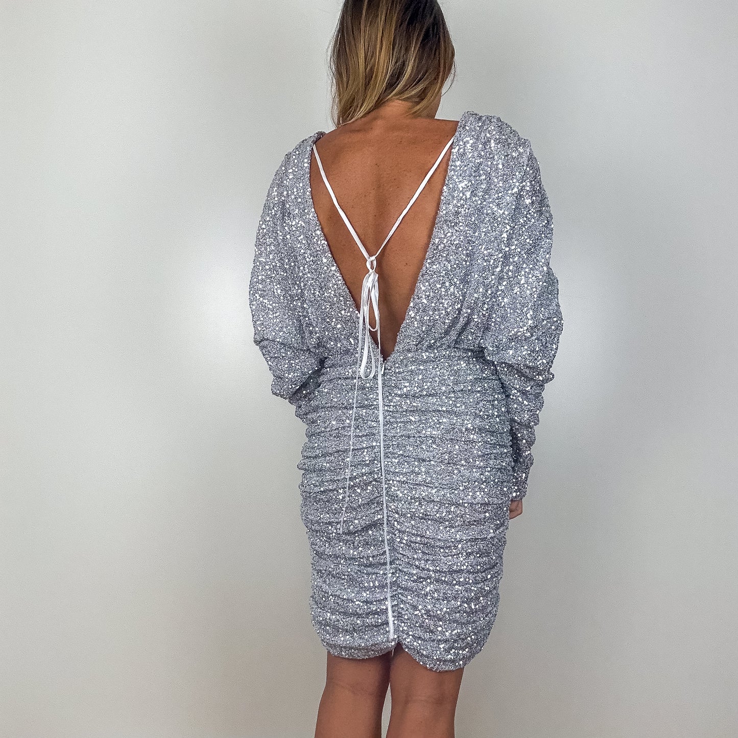 The Attico Silver Sequin Ruched Mini Dress - Size 10